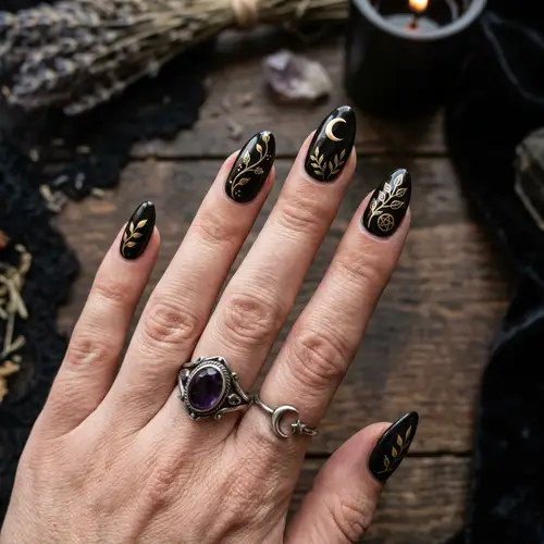Gothic Witchy Nail Art: Leaf Design Ideas
