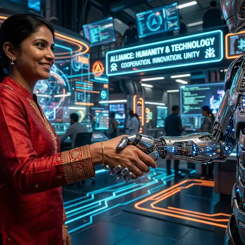 Human-Cyborg Handshake Unity | Alliance Illustration