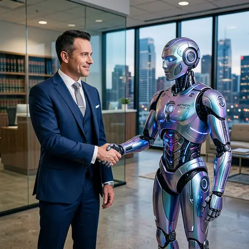 Professional Attorney and AI Robot Shaking Hands | Partnership Symbol