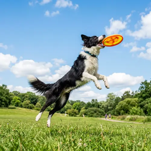 Playful Dog Catching Frisbee: Energetic Outdoor Scene
