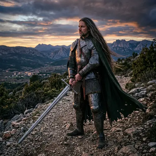 Armored Man with Long Hair and Sword
