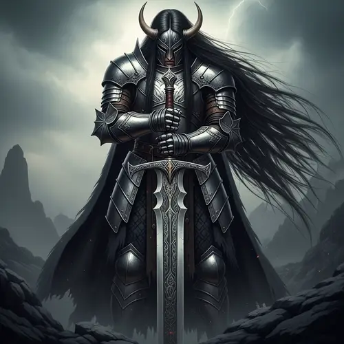 Armored Man with Long Hair and Sword