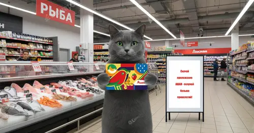 Gray Cat Holds Auchan Map in Supermarket