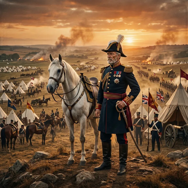 Historical General on Battlefield at Sunset