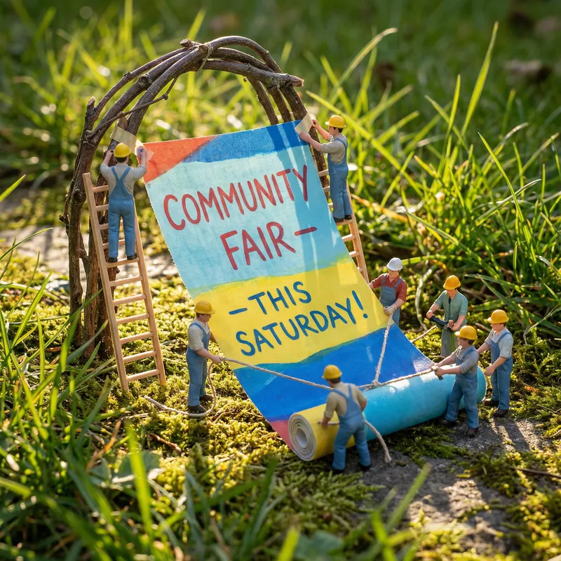 Miniature Workers Setting Up a Vibrant Banner