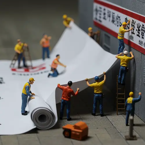 Miniature Workers Setting Up a Vibrant Banner