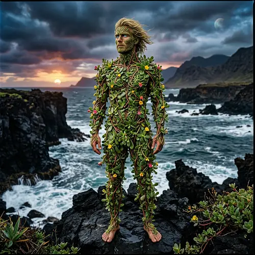 Surreal Man with Verdolaga Body, Blonde Hair & Sky-blue Eyes