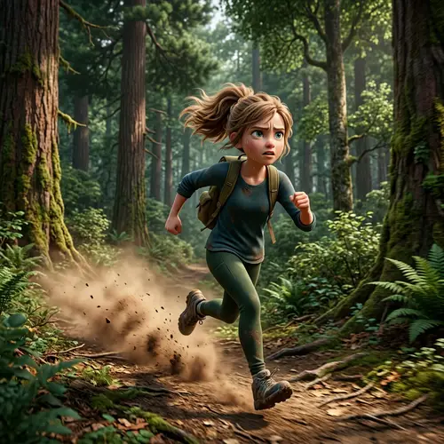 3D Picture of a Worried But Determined 12-Year-Old Girl Running Through Forest