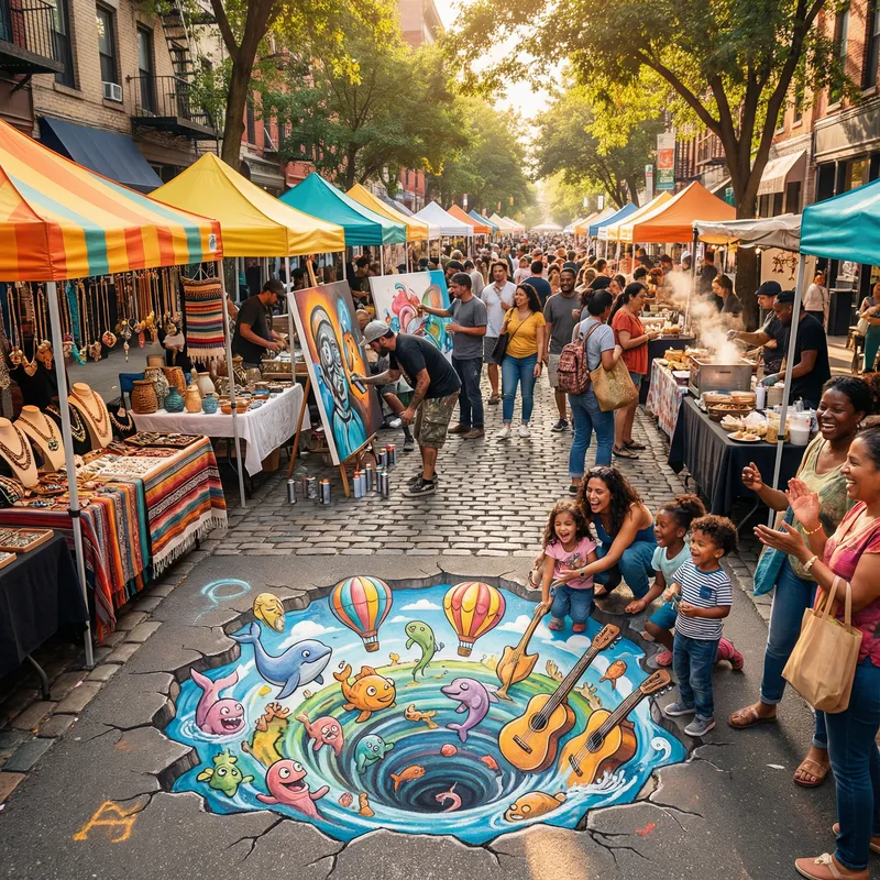 Vibrant Urban Scene: 3D Pavement Art & Local Stalls