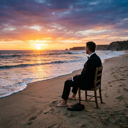 Man in Tuxedo Enjoys Sunset on Beach