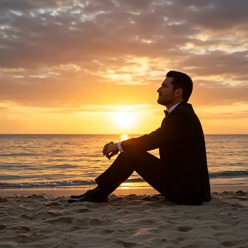 Man in Tuxedo Enjoys Sunset on Beach