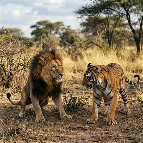 Stressed Lion and Tiger in Wilderness Setting