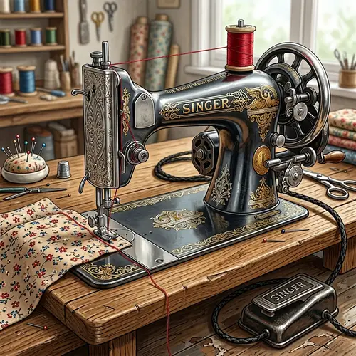 Classic Sewing Machine Illustration in Steely Silver with Vibrant Red Thread