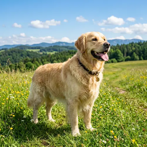 Adorable Golden Retriever Enjoying Sunny Day in Green Meadow