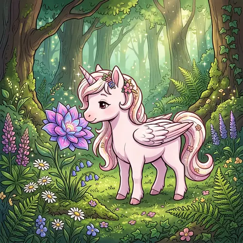 Adorable Petite Unicorn with Wings Smelling Cute Flower - Art