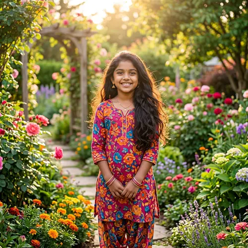 Captivating South Asian Girl in Serene Flower Garden