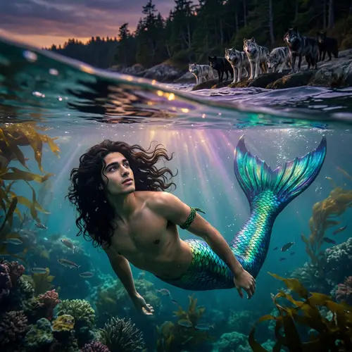Young Middle-Eastern Male Mermaid in Underwater Scene