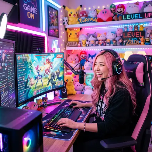 Asian Female Streamer with Pink Hair Playing Video Game