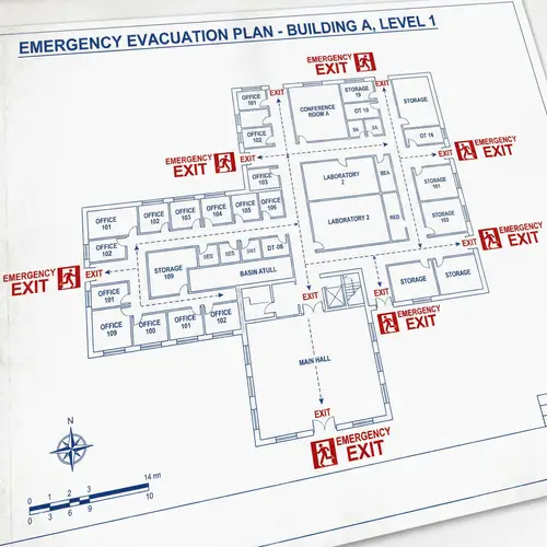 Detailed Floor Plan with Labelled Rooms, Chambers, and Emergency Exits