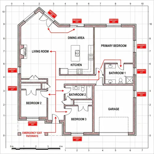 Traditional House Floor Plan with Emergency Exit Pathways