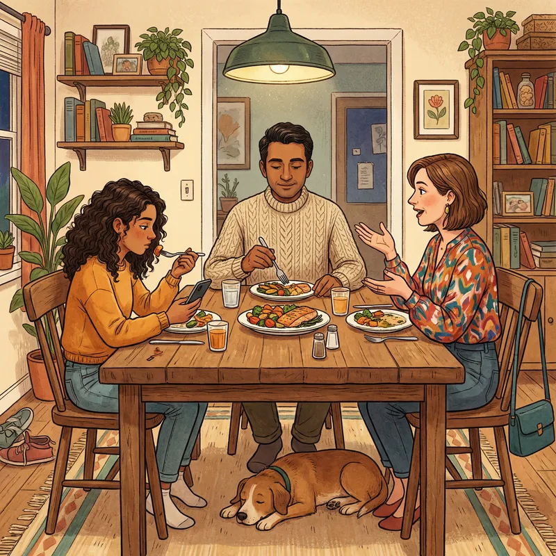 Modern Family Scene with Teenage Girl Eating and Using Phone