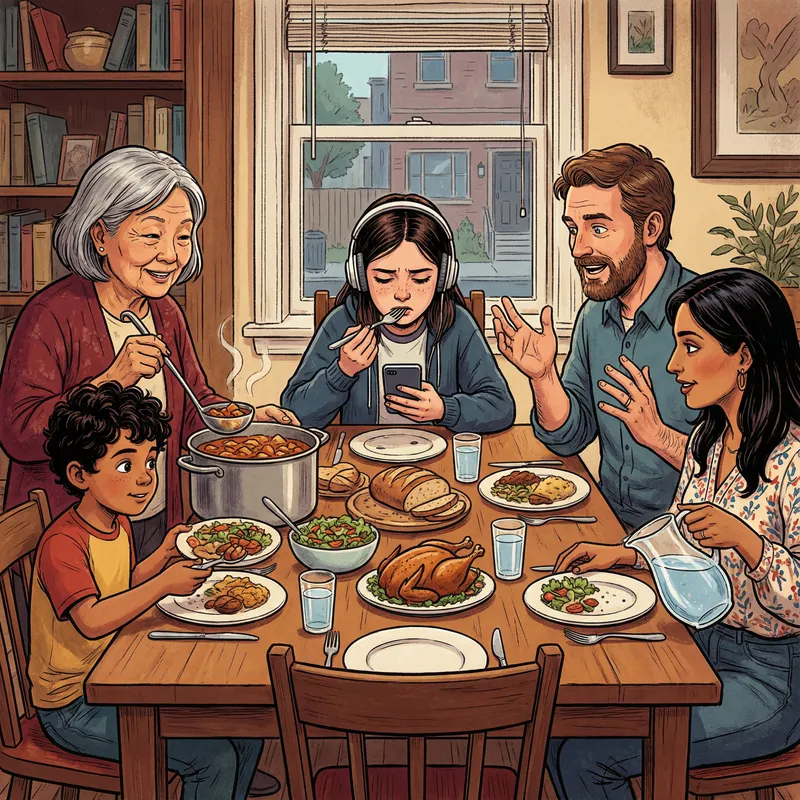 Teen Girl Multitasking at Family Dinner Scene