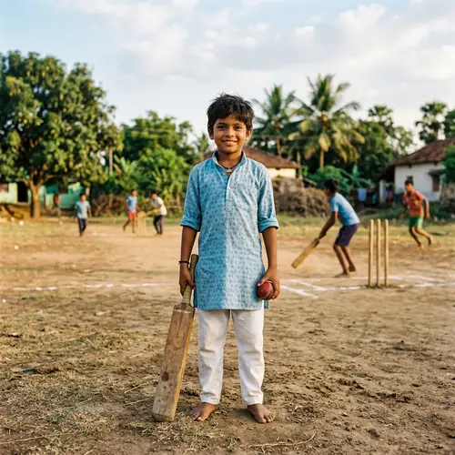 Indian Boy Playing Cricket in Traditional Attire
