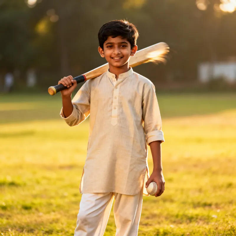 Indian Boy Playing Cricket in Traditional Attire Indian Boy Playing Cricket in Traditional Attire