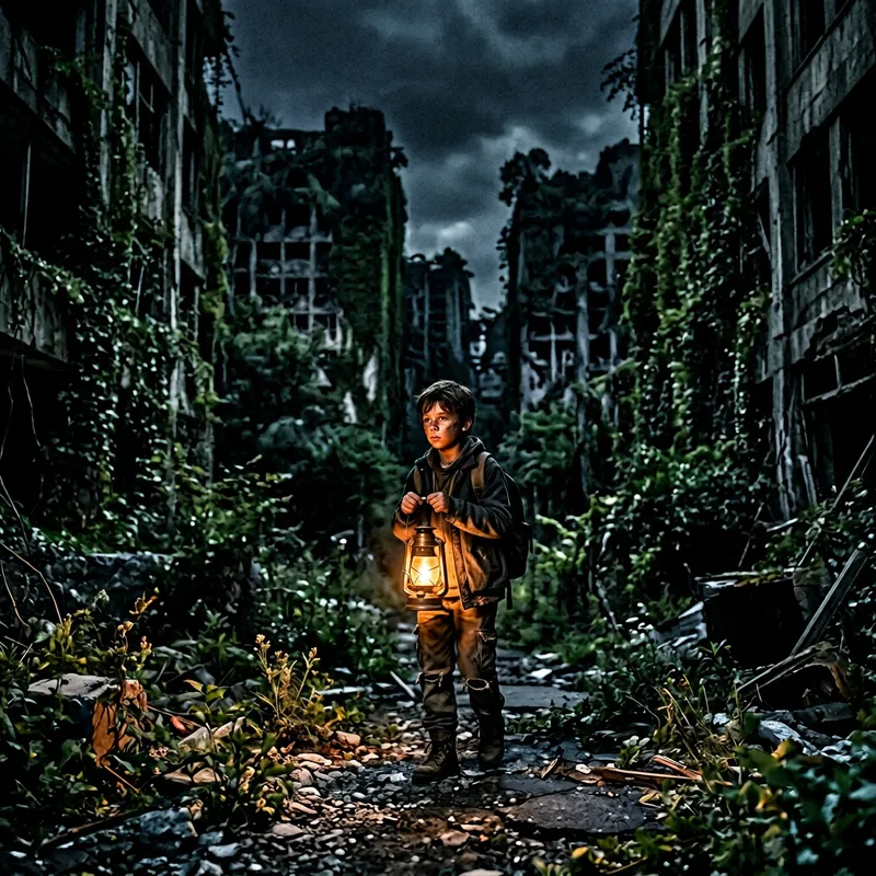 Apocalyptic World: Boy with Lantern in Dark Landscape Illuminating Face