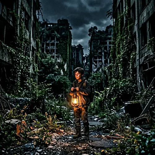 Apocalyptic World: Boy with Lantern in Dark Landscape