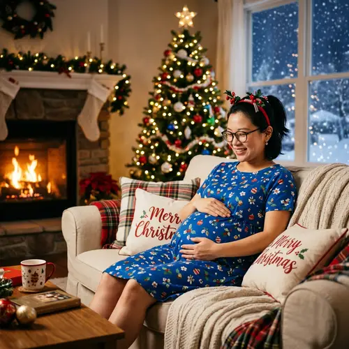 Joyful Chinese Mother-to-Be in Festive Christmas Decor