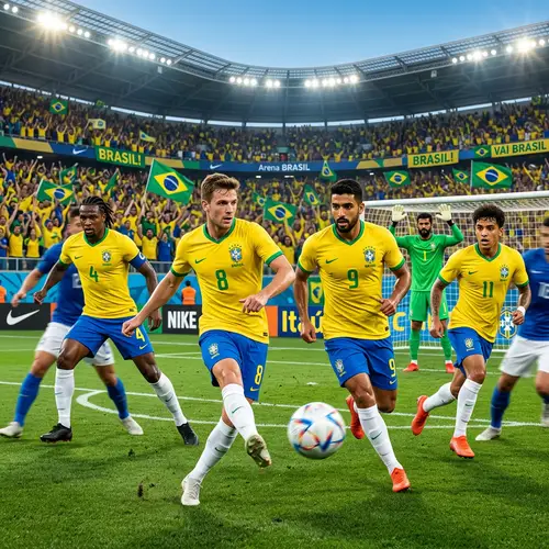 Diverse Football Team Representing Brazil on Modern Field