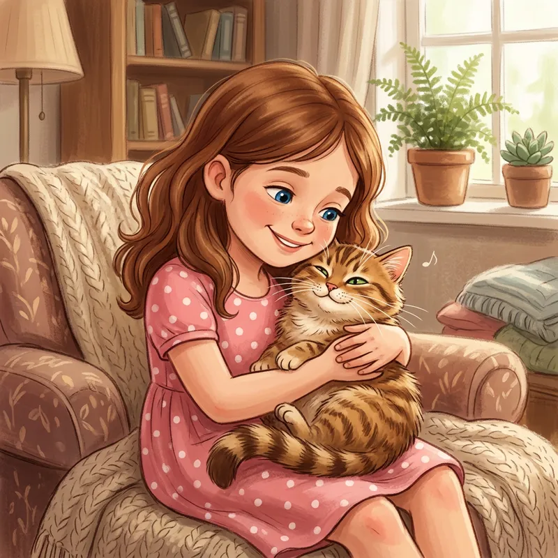 Adorable Girl and Cat - Heartwarming Illustration