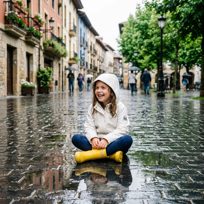 Joyful Girl in White Raincoat Sitting in Puddle