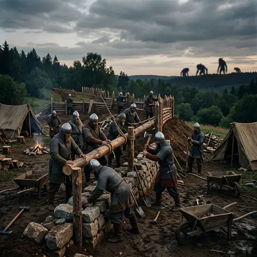 Ancient Rus Warriors Building a Mysterious Wall