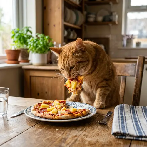 Cat Eating Pizza with Pineapples
