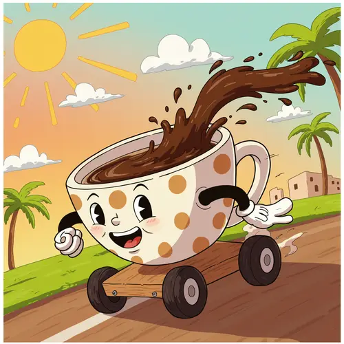 Fast Coffee on Wheels: Cartoon Cup Adventure