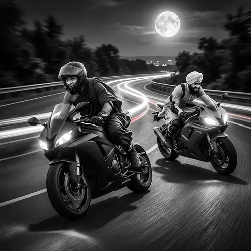 Thrilling Race of Religious Figures on Moonlit Highway