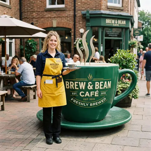 Caucasian Waitress in Yellow Apron with Green Coffee