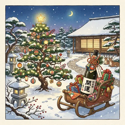 Japanese Christmas Tree & Santa Sleigh Scene - Festive Fusion Art