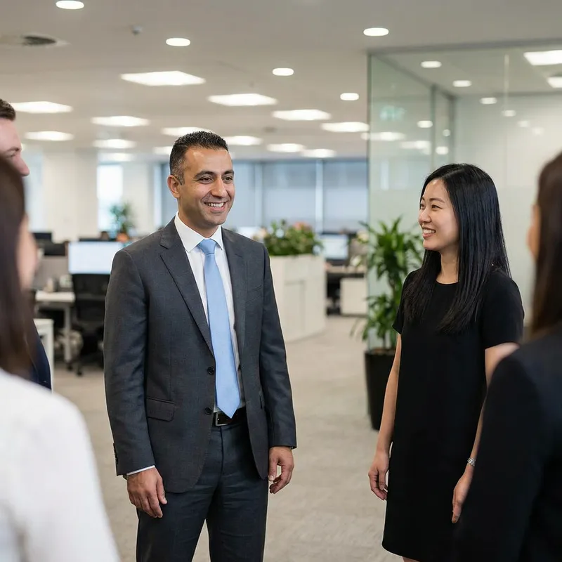 Professional Office Couple Smiling in Elegant Attire
