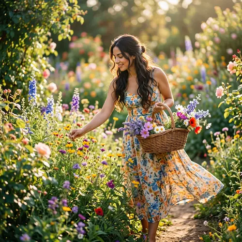 Serenity in Nature: Young Hispanic Woman Picking Flowers in Sunlit Garden