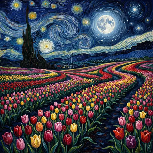 Enchanting Tulip Garden under Starry Night Sky