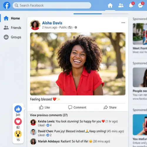 Smiling Black Woman in Red Blouse - Feeling Blessed | Social Media Post