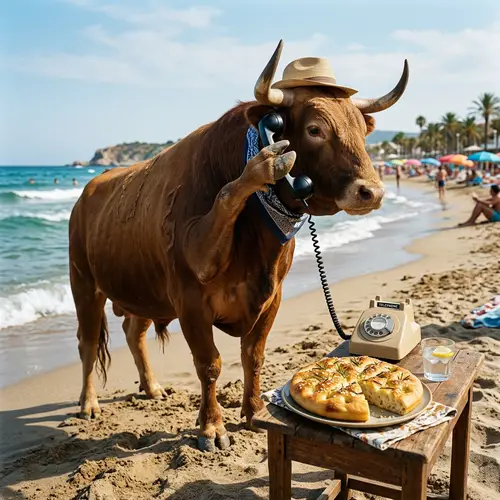 Bull Making a Call on the Beach with Focaccia