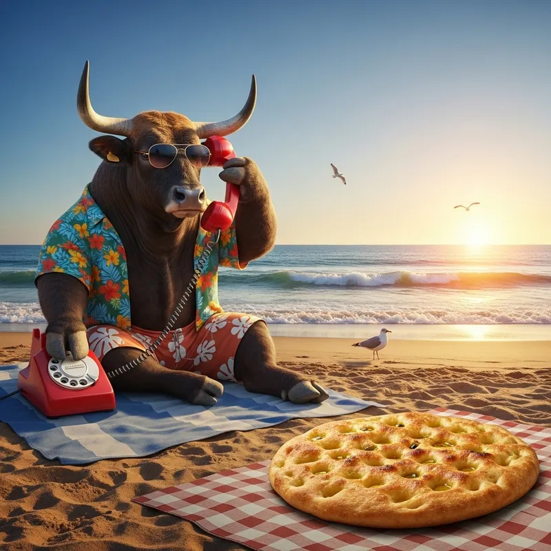 Bull Making a Call on the Beach with Focaccia
