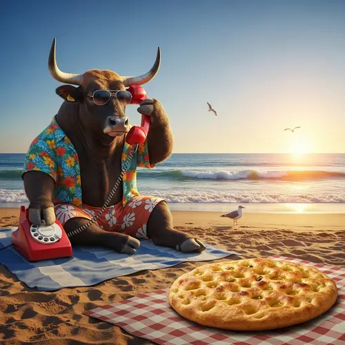 Bull Making a Call on the Beach with Focaccia