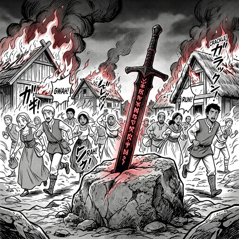 Midnight Black Broadsword in Stone with Crimson Runic Engravings