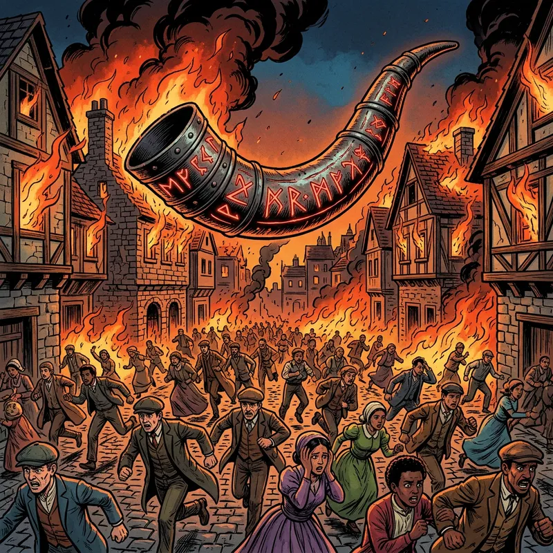 Intense Blowing Horn Scene: Red Runic Engravings & Flaming Buildings Intense Blowing Horn Scene: Red Runic Engravings & Flaming Buildings
