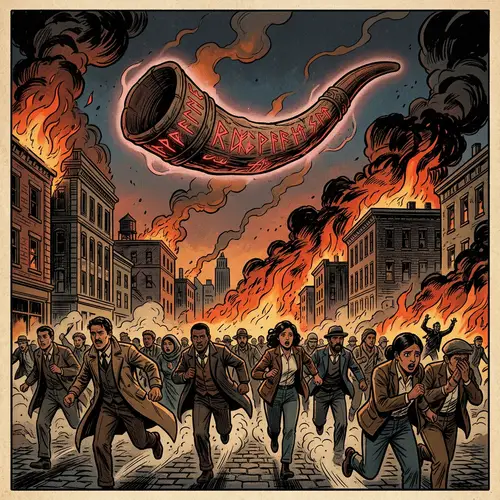 Apocalyptic Scene: Fiery Buildings, Runic Horn & Fleeing People